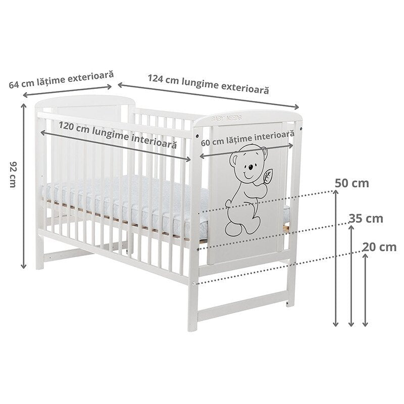 Patut din lemn bebe, 120x60 cm, Din lemn de pin si mdf, Stabil si rezistent, Inaltime saltea reglabila pe 3 nivele, Laterala cu 3 bete detasabile, EN716-1, EN716-2, Alb, Babyneeds, Timmi + Saltea 12 cm - gogobaby.ro