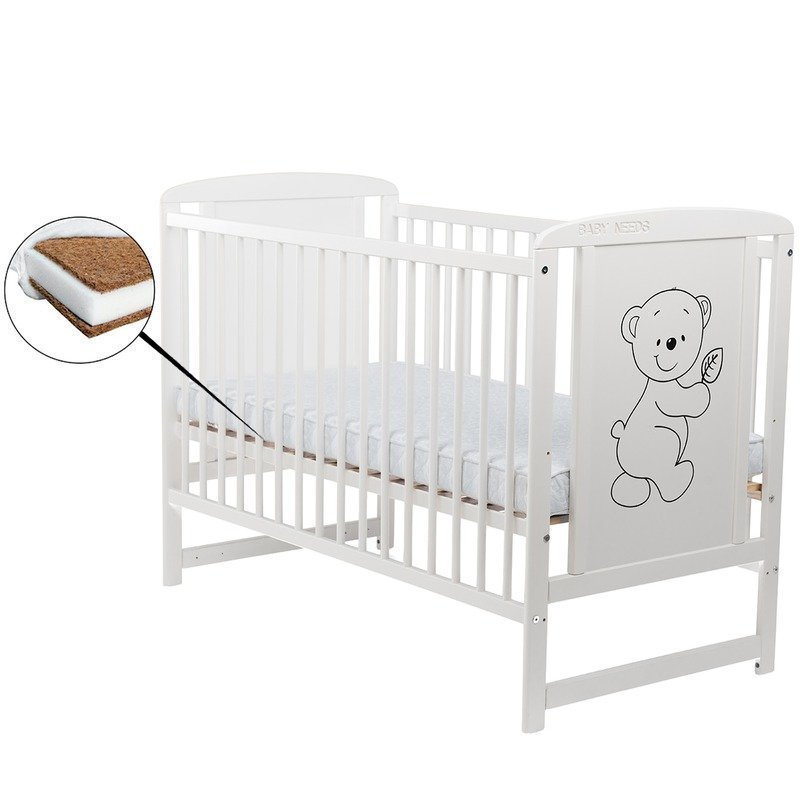Patut din lemn bebe, 120x60 cm, Din lemn de pin si mdf, Stabil si rezistent, Inaltime saltea reglabila pe 3 nivele, Laterala cu 3 bete detasabile, EN716-1, EN716-2, Alb, Babyneeds, Timmi + Saltea 12 cm - gogobaby.ro