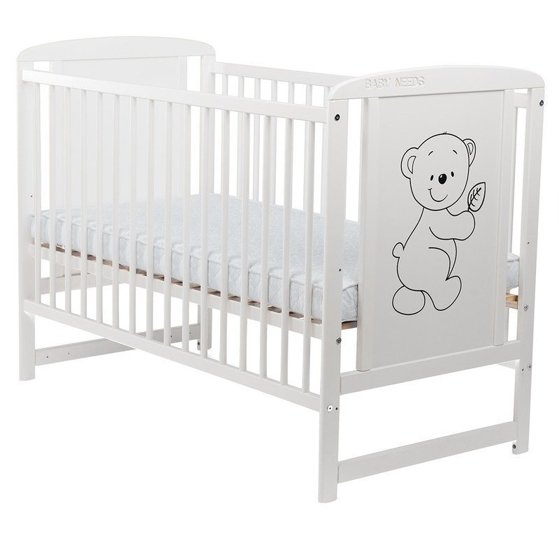 Patut din lemn bebe, 120x60 cm, Din lemn de pin si mdf, Stabil si rezistent, Inaltime saltea reglabila pe 3 nivele, Laterala cu 3 bete detasabile, EN716-1, EN716-2, Alb, Babyneeds, Timmi + Saltea 12 cm - gogobaby.ro