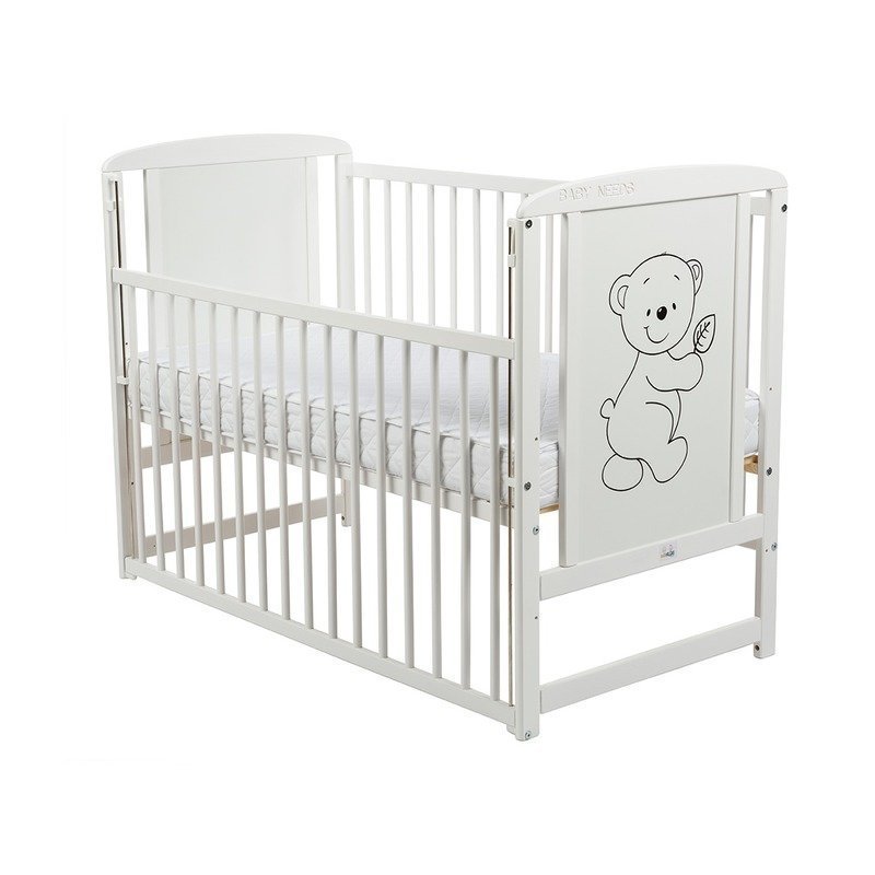 Patut din lemn bebe, 120x60 cm, Cu laterala culisanta, Din lemn de pin si mdf, Stabil si rezistent, Inaltime saltea reglabila pe 3 nivele, Laterala cu 3 bete detasabile, EN716-1, EN716-2, Alb, Babyneeds, Timmi + Saltea 12 cm - gogobaby.ro