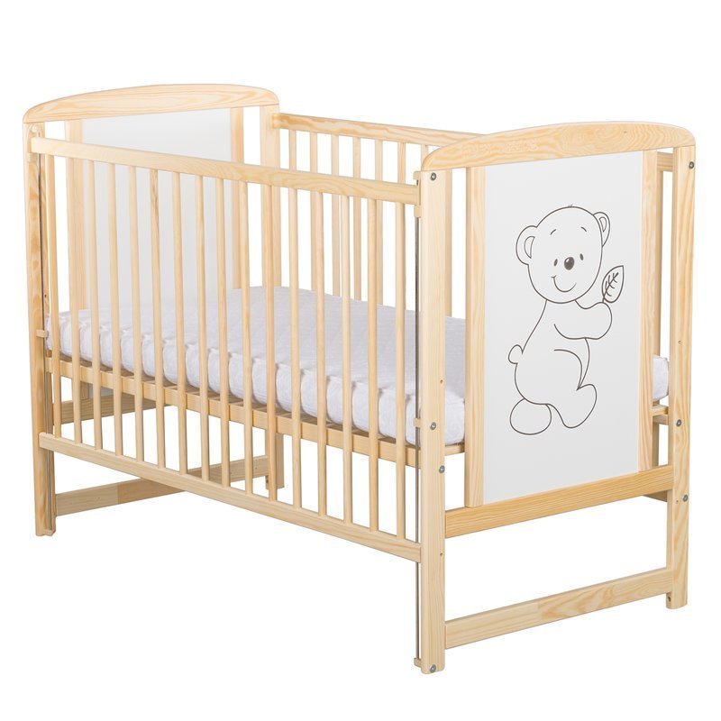 Patut din lemn bebe, 120x60 cm, Cu laterala culisanta, Din lemn de pin si mdf, Stabil si rezistent, Inaltime saltea reglabila pe 3 nivele, Laterala cu 3 bete detasabile, EN716-1, EN716-2, Natur, Babyneeds, Timmi + Saltea 12 cm - gogobaby.ro
