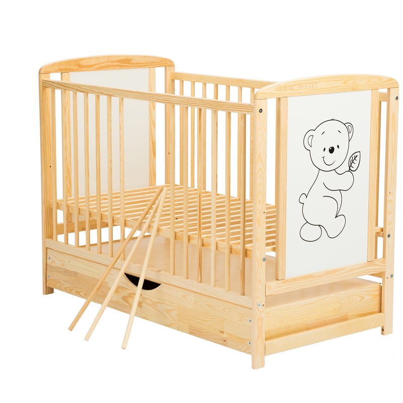 Patut din lemn bebe, 120x60 cm, Cu sertar cu capac, Din lemn de pin si mdf, Stabil si rezistent, Inaltime saltea reglabila pe 3 nivele, Laterala cu 3 bete detasabile, EN716-1, EN716-2, Natur, Babyneeds, Timmi + Saltea 10 cm