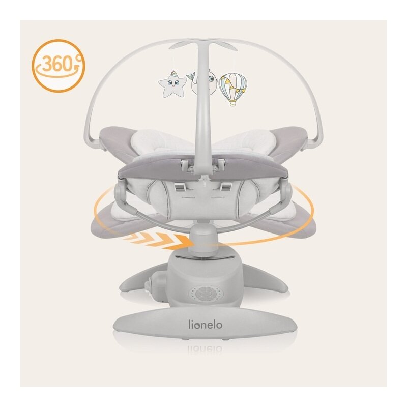 Balansoar, Lionelo, Mell, 2 in 1, Rotire 360 grade, Electric, Cu 3 moduri de leganare, Cu 5 trepte de viteza, Cu 3 pozitii de inclinare, Cu timer, 12 melodii si 2 sunete ale naturii, Pana la 9 kg, Gri - gogobaby.ro