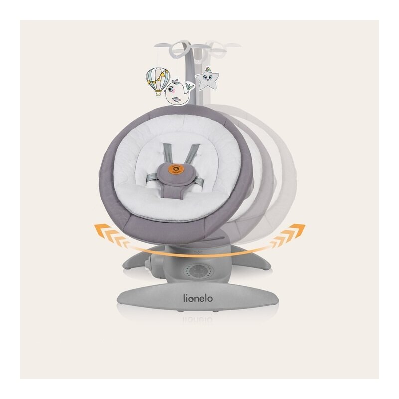 Balansoar, Lionelo, Mell, 2 in 1, Rotire 360 grade, Electric, Cu 3 moduri de leganare, Cu 5 trepte de viteza, Cu 3 pozitii de inclinare, Cu timer, 12 melodii si 2 sunete ale naturii, Pana la 9 kg, Gri - gogobaby.ro