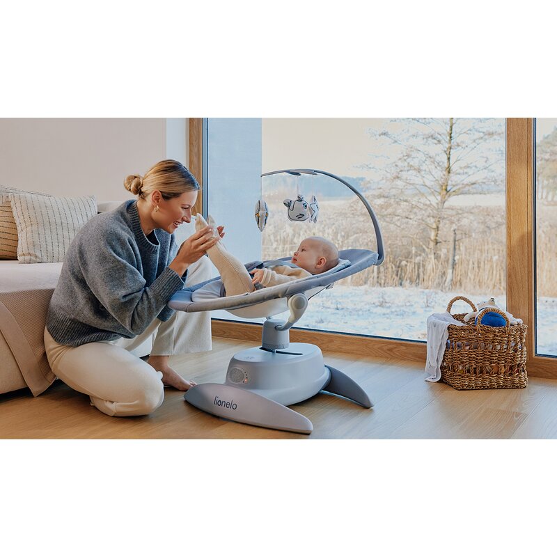 Balansoar, Lionelo, Mell, 2 in 1, Rotire 360 grade, Electric, Cu 3 moduri de leganare, Cu 5 trepte de viteza, Cu 3 pozitii de inclinare, Cu timer, 12 melodii si 2 sunete ale naturii, Pana la 9 kg, Gri - gogobaby.ro