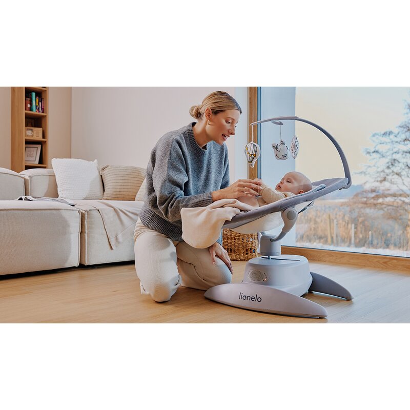 Balansoar, Lionelo, Mell, 2 in 1, Rotire 360 grade, Electric, Cu 3 moduri de leganare, Cu 5 trepte de viteza, Cu 3 pozitii de inclinare, Cu timer, 12 melodii si 2 sunete ale naturii, Pana la 9 kg, Gri - gogobaby.ro