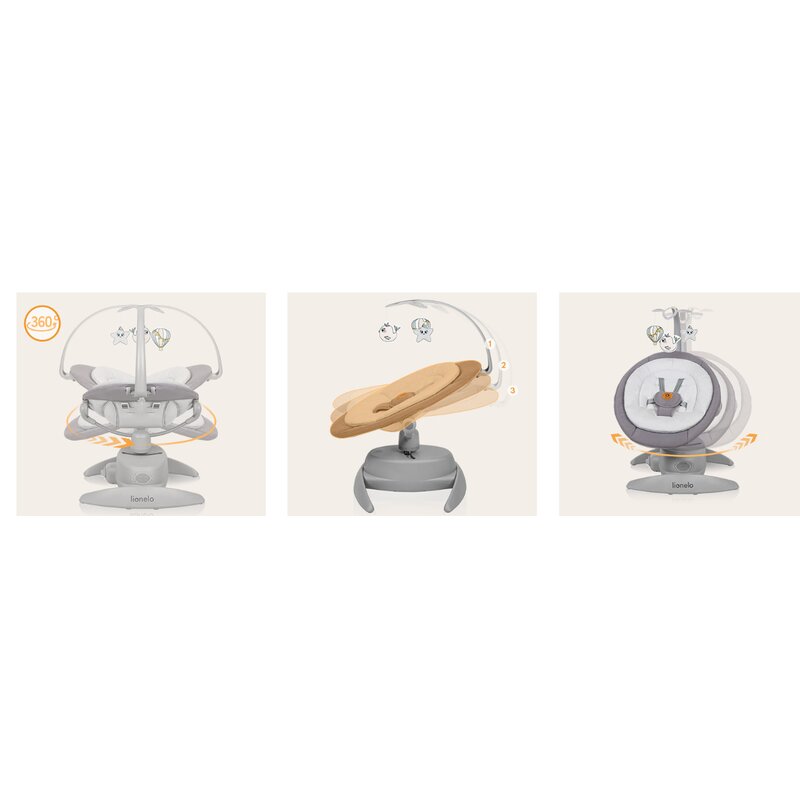 Balansoar, Lionelo, Mell, 2 in 1, Rotire 360 grade, Electric, Cu 3 moduri de leganare, Cu 5 trepte de viteza, Cu 3 pozitii de inclinare, Cu timer, 12 melodii si 2 sunete ale naturii, Pana la 9 kg, Gri - gogobaby.ro