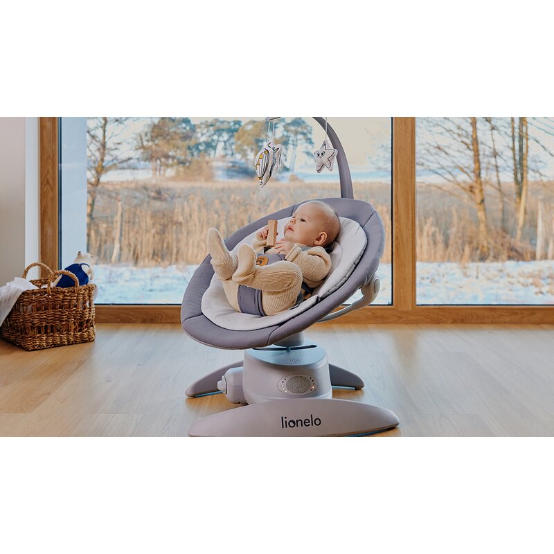 Balansoar, Lionelo, Mell, 2 in 1, Rotire 360 grade, Electric, Cu 3 moduri de leganare, Cu 5 trepte de viteza, Cu 3 pozitii de inclinare, Cu timer, 12 melodii si 2 sunete ale naturii, Pana la 9 kg, Gri - gogobaby.ro