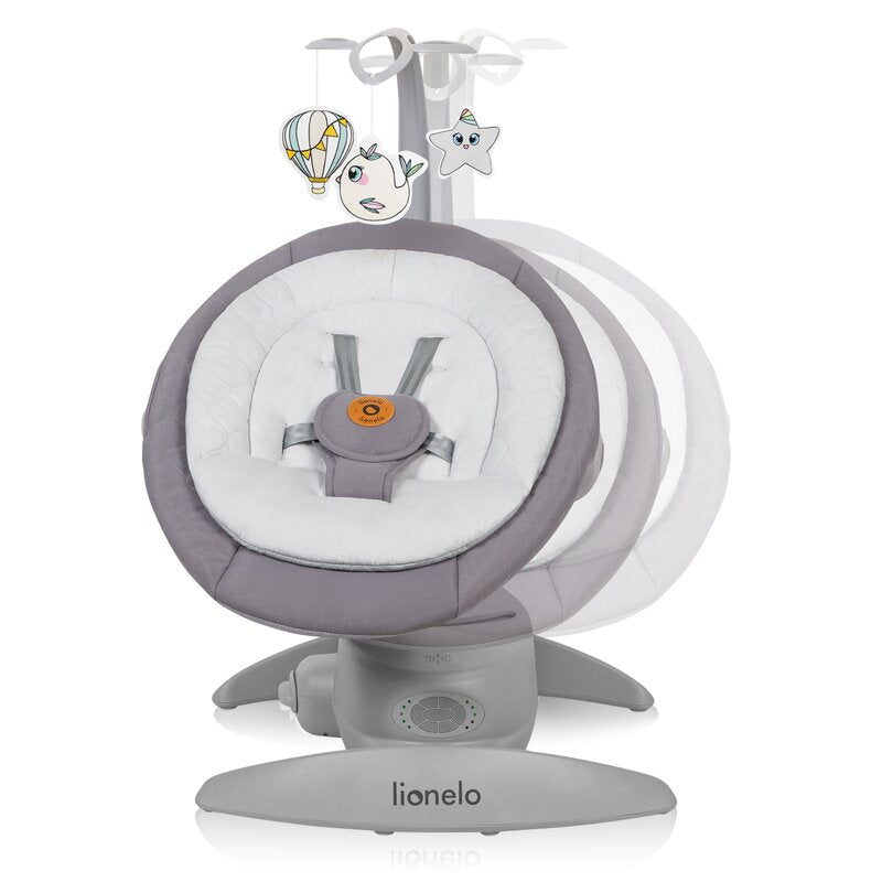 Balansoar, Lionelo, Mell, 2 in 1, Rotire 360 grade, Electric, Cu 3 moduri de leganare, Cu 5 trepte de viteza, Cu 3 pozitii de inclinare, Cu timer, 12 melodii si 2 sunete ale naturii, Pana la 9 kg, Gri - gogobaby.ro