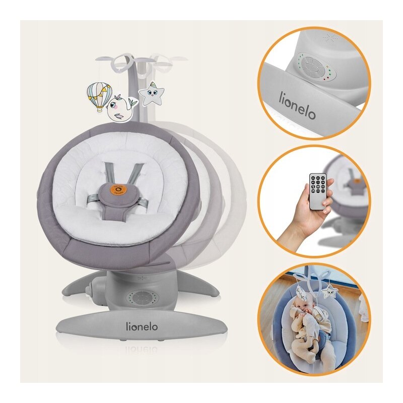 Balansoar, Lionelo, Mell, 2 in 1, Rotire 360 grade, Electric, Cu 3 moduri de leganare, Cu 5 trepte de viteza, Cu 3 pozitii de inclinare, Cu timer, 12 melodii si 2 sunete ale naturii, Pana la 9 kg, Gri - gogobaby.ro