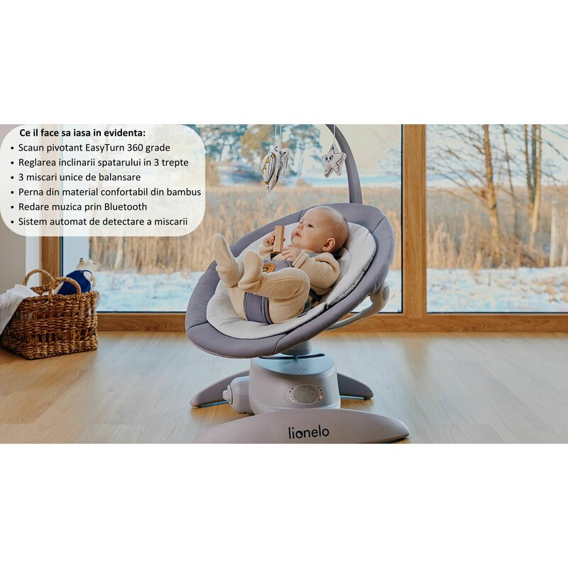 Balansoar, Lionelo, Mell, 2 in 1, Rotire 360 grade, Electric, Cu 3 moduri de leganare, Cu 5 trepte de viteza, Cu 3 pozitii de inclinare, Cu timer, 12 melodii si 2 sunete ale naturii, Pana la 9 kg, Gri - gogobaby.ro