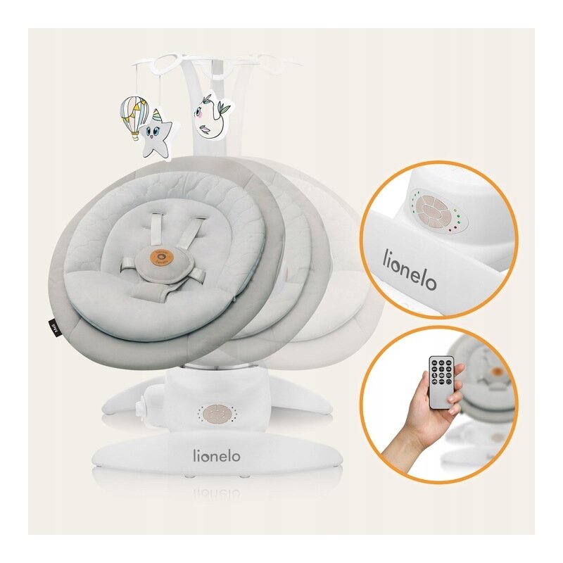 Balansoar, Lionelo, Mell, 2 in 1, Rotire 360 grade, Electric, Cu 3 moduri de leganare, Cu 5 trepte de viteza, Cu 3 pozitii de inclinare, Cu timer, 12 melodii si 2 sunete ale naturii, Pana la 9 kg, Bej - gogobaby.ro