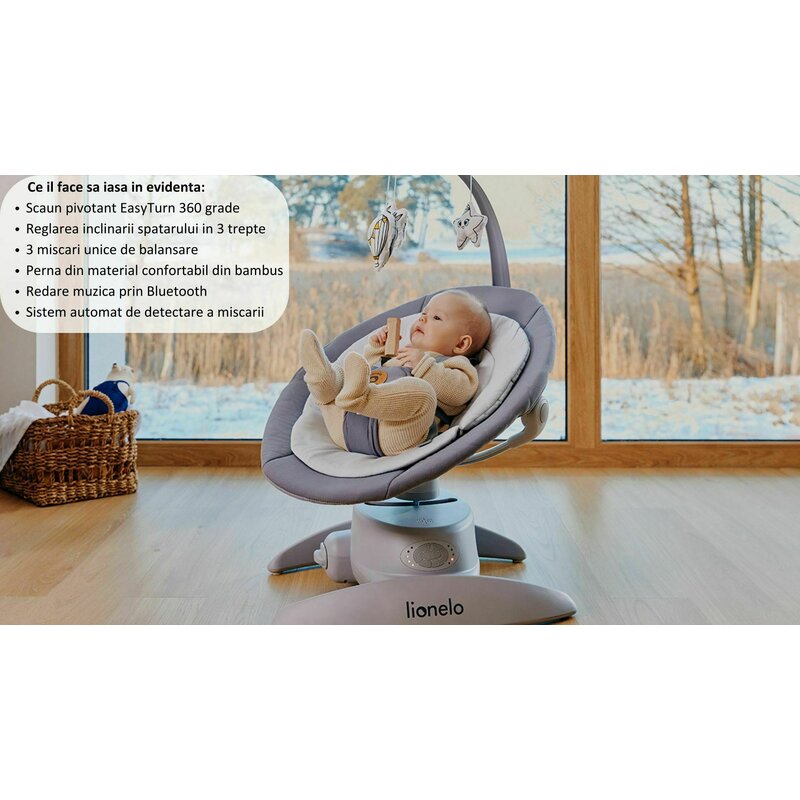 Balansoar, Lionelo, Mell, 2 in 1, Rotire 360 grade, Electric, Cu 3 moduri de leganare, Cu 5 trepte de viteza, Cu 3 pozitii de inclinare, Cu timer, 12 melodii si 2 sunete ale naturii, Pana la 9 kg, Bej - gogobaby.ro