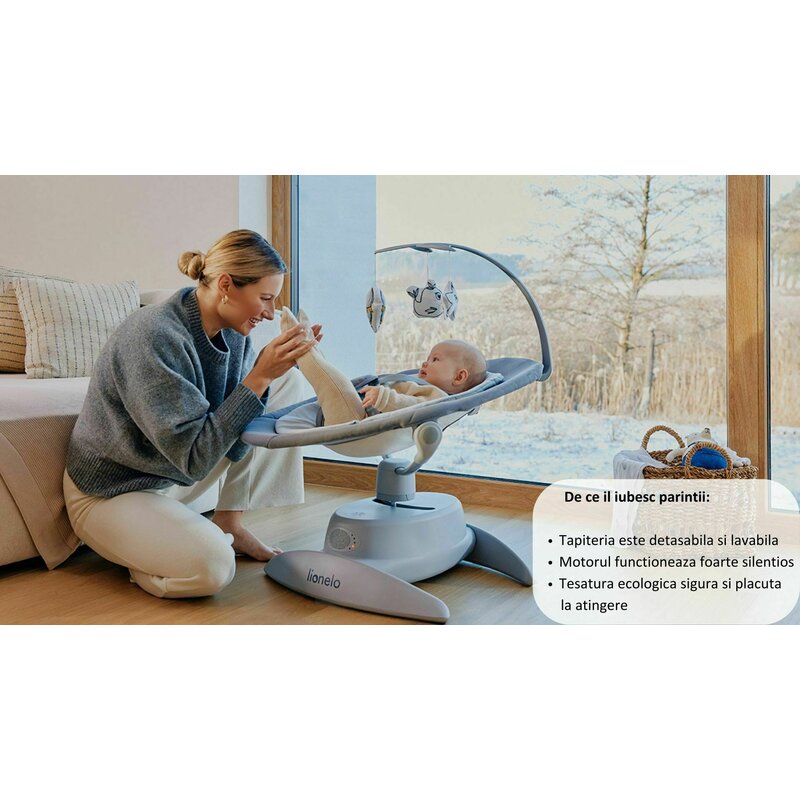 Balansoar, Lionelo, Mell, 2 in 1, Rotire 360 grade, Electric, Cu 3 moduri de leganare, Cu 5 trepte de viteza, Cu 3 pozitii de inclinare, Cu timer, 12 melodii si 2 sunete ale naturii, Pana la 9 kg, Bej - gogobaby.ro