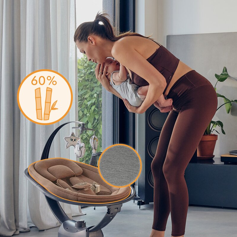 Balansoar si sezlong, Lionelo, Blossom, 5 melodii, 5 moduri de balansare, Cu jucarii, Husa respirabila, 60% bambus, Cu telecomanda, Reglare pozitie scaun pentru somn, Pana la 9 kg, Gri - gogobaby.ro