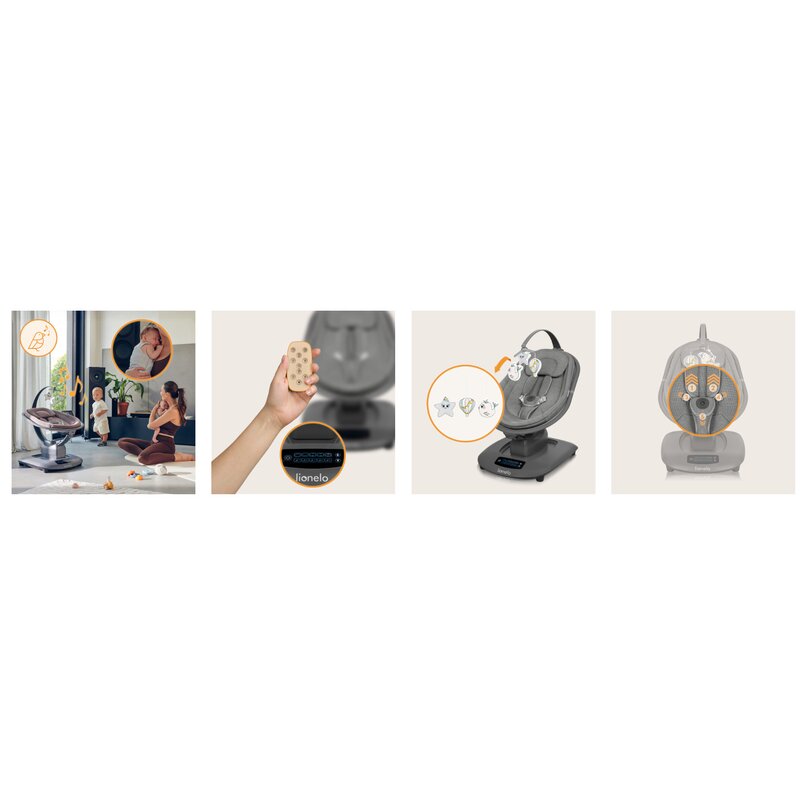 Balansoar si sezlong, Lionelo, Blossom, 5 melodii, 5 moduri de balansare, Cu jucarii, Husa respirabila, 60% bambus, Cu telecomanda, Reglare pozitie scaun pentru somn, Pana la 9 kg, Gri - gogobaby.ro