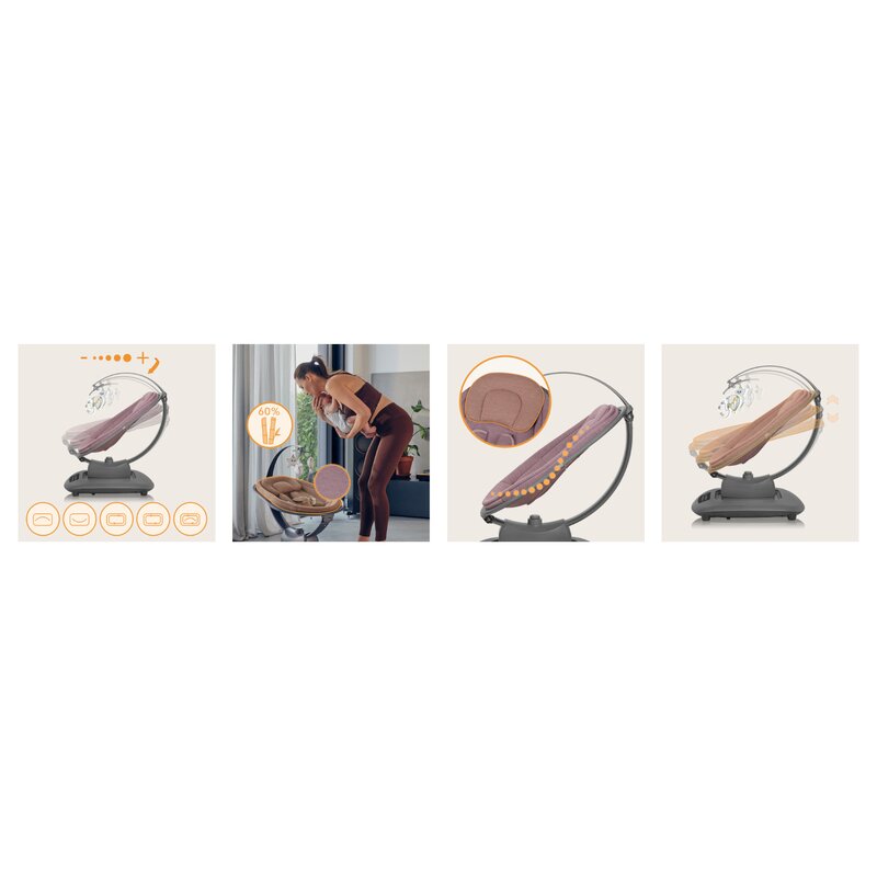Balansoar si sezlong, Lionelo, Blossom, 5 melodii, 5 moduri de balansare, Cu jucarii, Husa respirabila, 60% bambus, Cu telecomanda, Reglare pozitie scaun pentru somn, Pana la 9 kg, Mov - gogobaby.ro