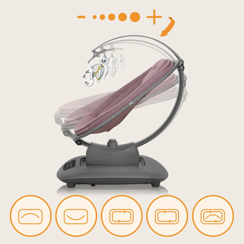 Balansoar si sezlong, Lionelo, Blossom, 5 melodii, 5 moduri de balansare, Cu jucarii, Husa respirabila, 60% bambus, Cu telecomanda, Reglare pozitie scaun pentru somn, Pana la 9 kg, Mov - gogobaby.ro