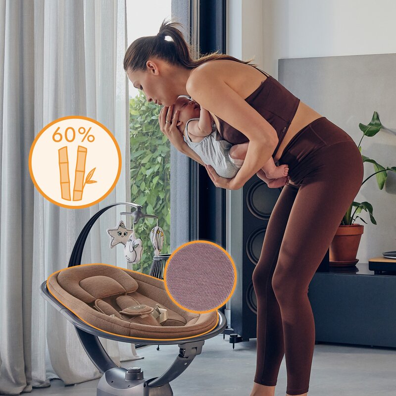 Balansoar si sezlong, Lionelo, Blossom, 5 melodii, 5 moduri de balansare, Cu jucarii, Husa respirabila, 60% bambus, Cu telecomanda, Reglare pozitie scaun pentru somn, Pana la 9 kg, Mov - gogobaby.ro