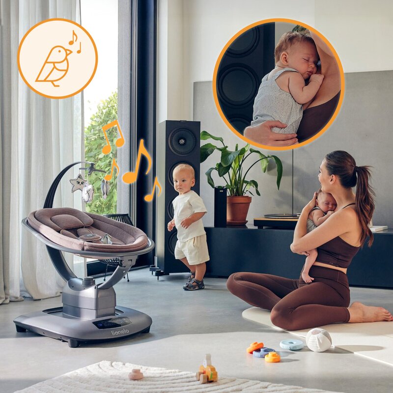 Balansoar si sezlong, Lionelo, Blossom, 5 melodii, 5 moduri de balansare, Cu jucarii, Husa respirabila, 60% bambus, Cu telecomanda, Reglare pozitie scaun pentru somn, Pana la 9 kg, Mov - gogobaby.ro