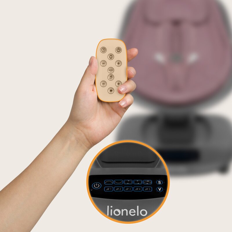 Balansoar si sezlong, Lionelo, Blossom, 5 melodii, 5 moduri de balansare, Cu jucarii, Husa respirabila, 60% bambus, Cu telecomanda, Reglare pozitie scaun pentru somn, Pana la 9 kg, Mov - gogobaby.ro