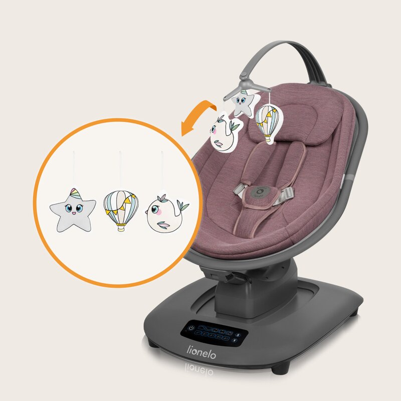 Balansoar si sezlong, Lionelo, Blossom, 5 melodii, 5 moduri de balansare, Cu jucarii, Husa respirabila, 60% bambus, Cu telecomanda, Reglare pozitie scaun pentru somn, Pana la 9 kg, Mov - gogobaby.ro