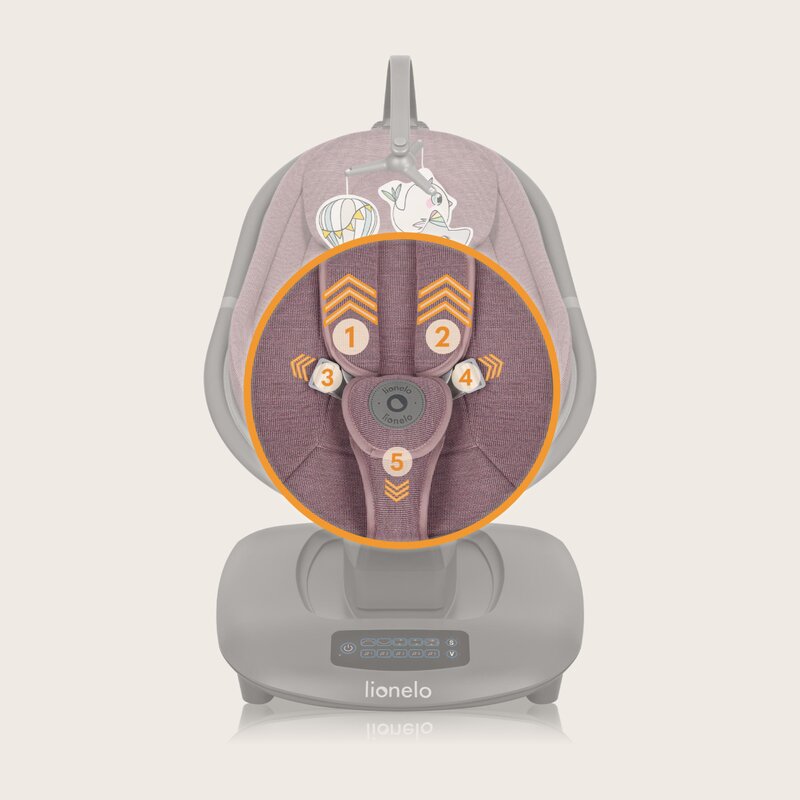 Balansoar si sezlong, Lionelo, Blossom, 5 melodii, 5 moduri de balansare, Cu jucarii, Husa respirabila, 60% bambus, Cu telecomanda, Reglare pozitie scaun pentru somn, Pana la 9 kg, Mov - gogobaby.ro