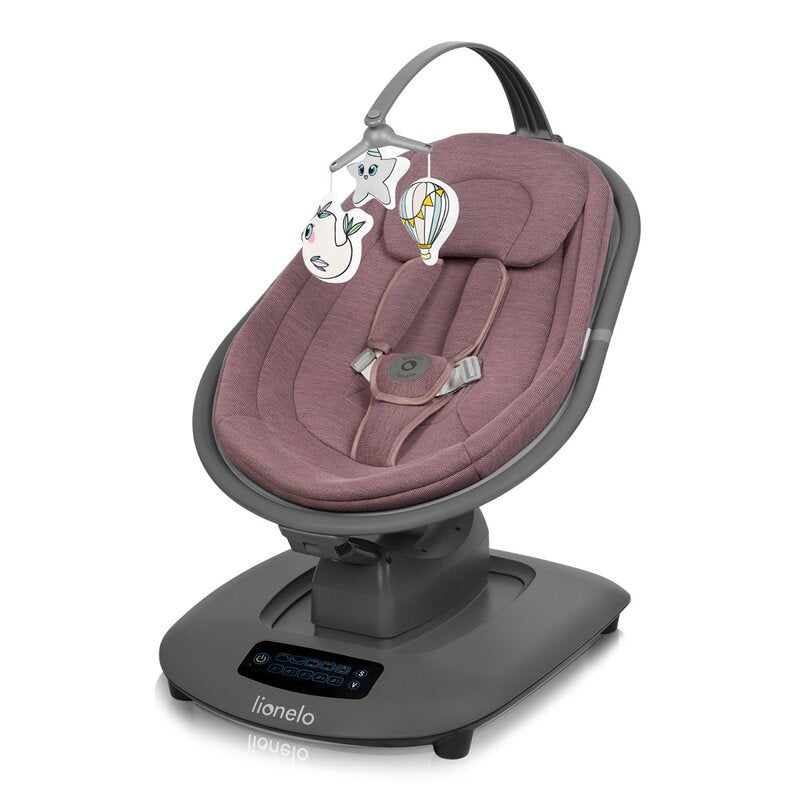 Balansoar si sezlong, Lionelo, Blossom, 5 melodii, 5 moduri de balansare, Cu jucarii, Husa respirabila, 60% bambus, Cu telecomanda, Reglare pozitie scaun pentru somn, Pana la 9 kg, Mov - gogobaby.ro