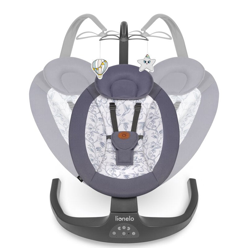 Balansoar si sezlong, Lionelo, Ralf, 2 in 1, Electric, Cu telecomanda si cablu USB, Cu miscare laterala de balansare si 5 niveluri diferite de viteza, Cu 12 melodii, Gri/Alb