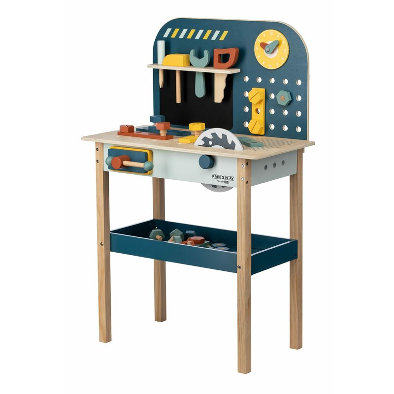 Banc de lucru, Free2Play, My first wooden Work Bench, Cu diverse unelte si accesorii, Pliabil, 55 x 28,5 x 85 cm, 36 luni+, Multicolor - gogobaby.ro