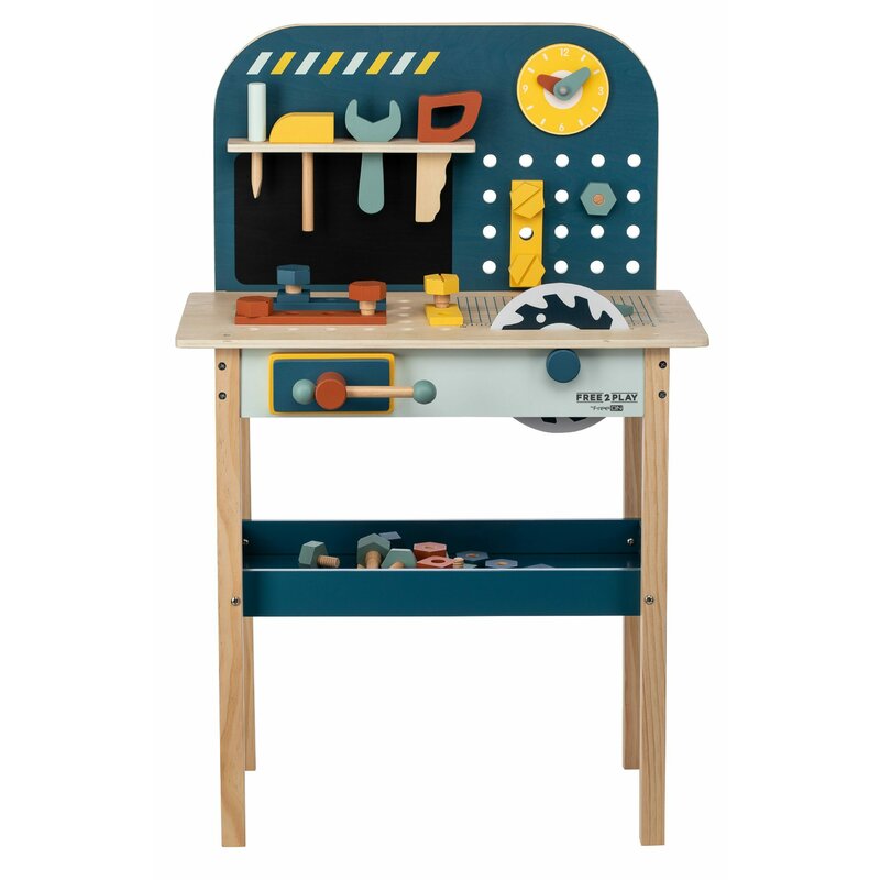 Banc de lucru, Free2Play, My first wooden Work Bench, Cu diverse unelte si accesorii, Pliabil, 55 x 28,5 x 85 cm, 36 luni+, Multicolor - gogobaby.ro