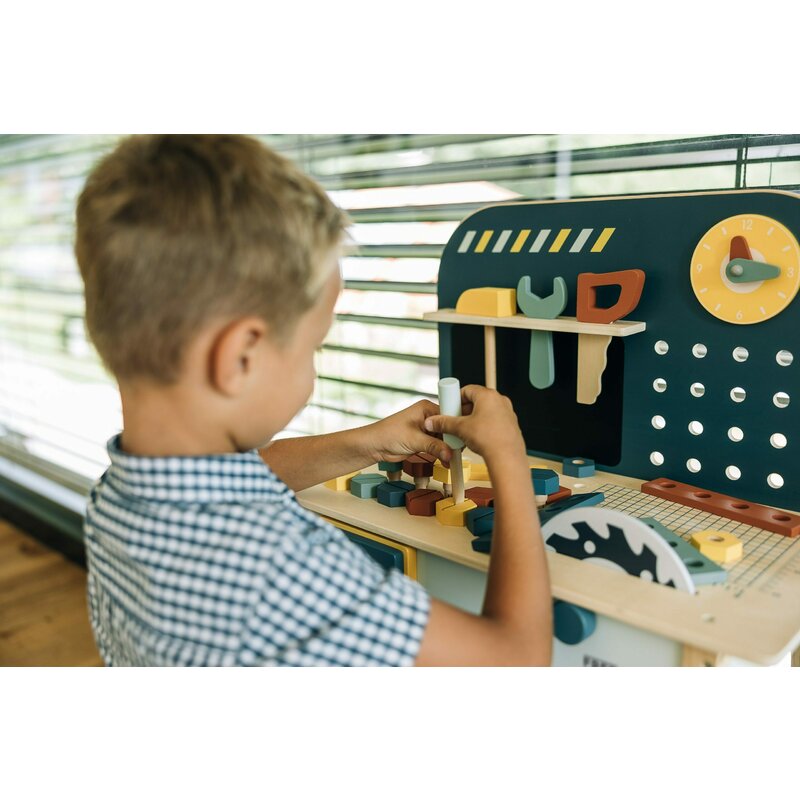 Banc de lucru, Free2Play, My first wooden Work Bench, Cu diverse unelte si accesorii, Pliabil, 55 x 28,5 x 85 cm, 36 luni+, Multicolor - gogobaby.ro