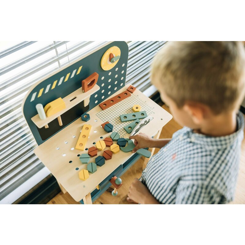 Banc de lucru, Free2Play, My first wooden Work Bench, Cu diverse unelte si accesorii, Pliabil, 55 x 28,5 x 85 cm, 36 luni+, Multicolor - gogobaby.ro