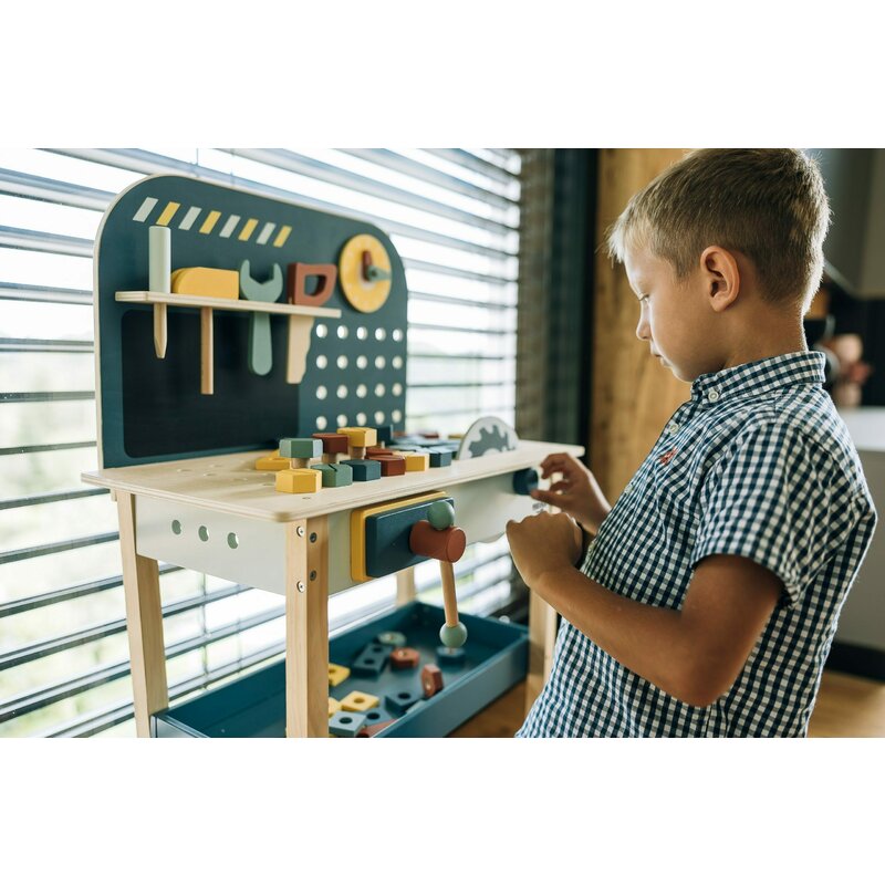 Banc de lucru, Free2Play, My first wooden Work Bench, Cu diverse unelte si accesorii, Pliabil, 55 x 28,5 x 85 cm, 36 luni+, Multicolor - gogobaby.ro