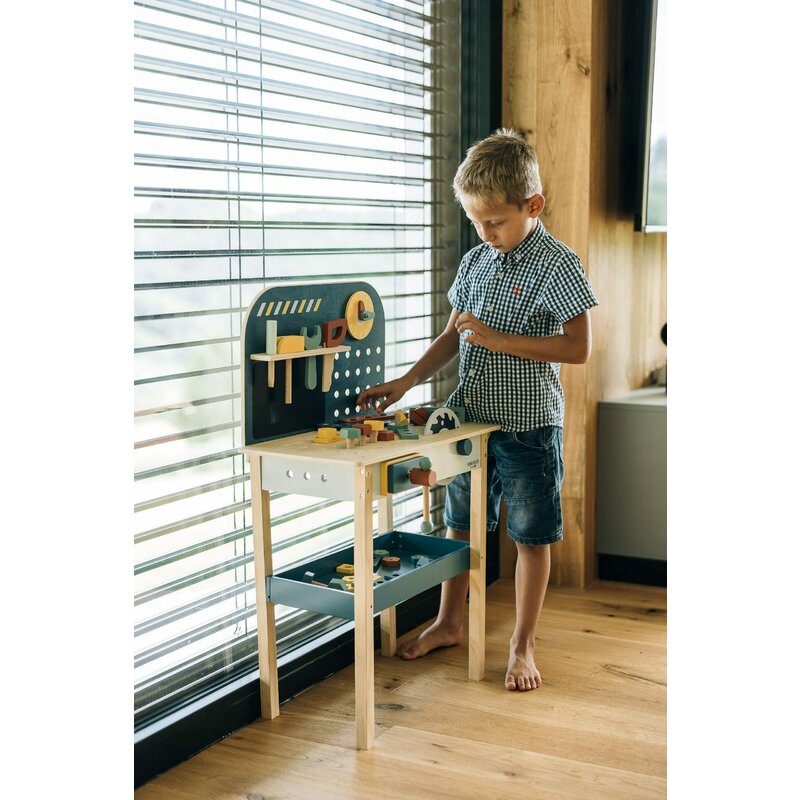 Banc de lucru, Free2Play, My first wooden Work Bench, Cu diverse unelte si accesorii, Pliabil, 55 x 28,5 x 85 cm, 36 luni+, Multicolor - gogobaby.ro