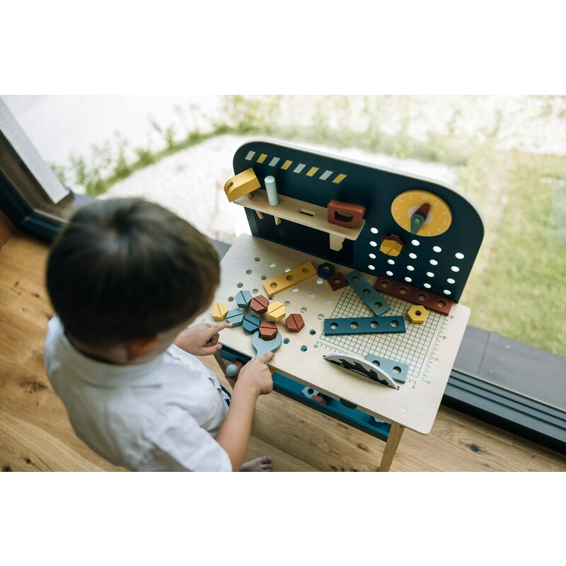 Banc de lucru, Free2Play, My first wooden Work Bench, Cu diverse unelte si accesorii, Pliabil, 55 x 28,5 x 85 cm, 36 luni+, Multicolor - gogobaby.ro