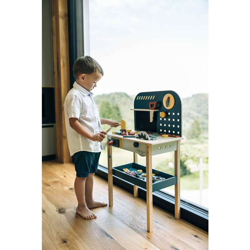 Banc de lucru, Free2Play, My first wooden Work Bench, Cu diverse unelte si accesorii, Pliabil, 55 x 28,5 x 85 cm, 36 luni+, Multicolor - gogobaby.ro