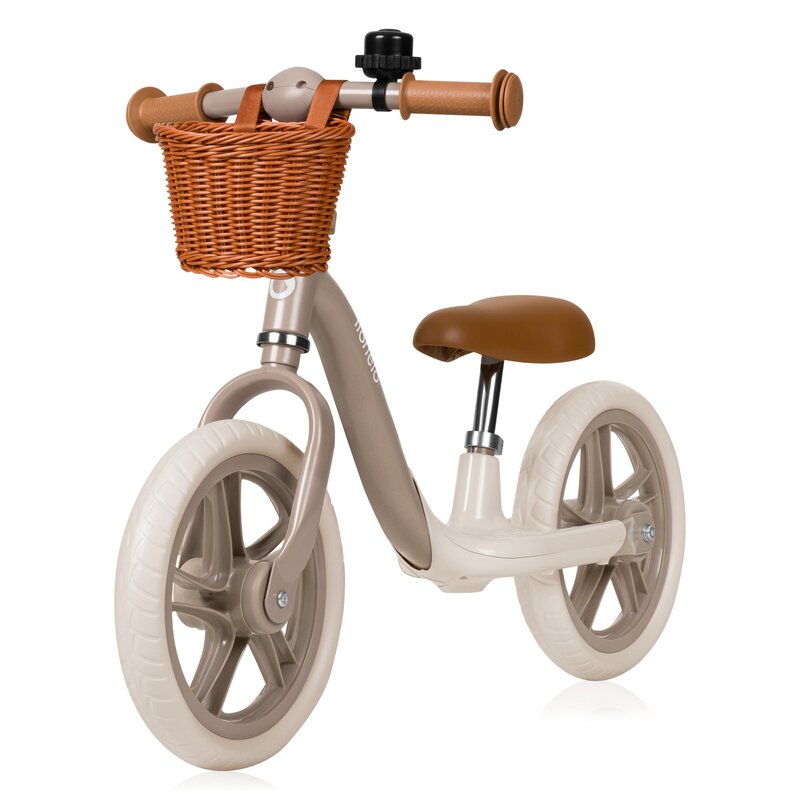 Bicicleta fara pedale, Lionelo, Alex Plus, Usoara, Cu ghidon si sa reglabile, Include cos depozitare si sonerie, Din otel, Cu roti din spuma EVA, 12 inch, Beige Sand - gogobaby.ro