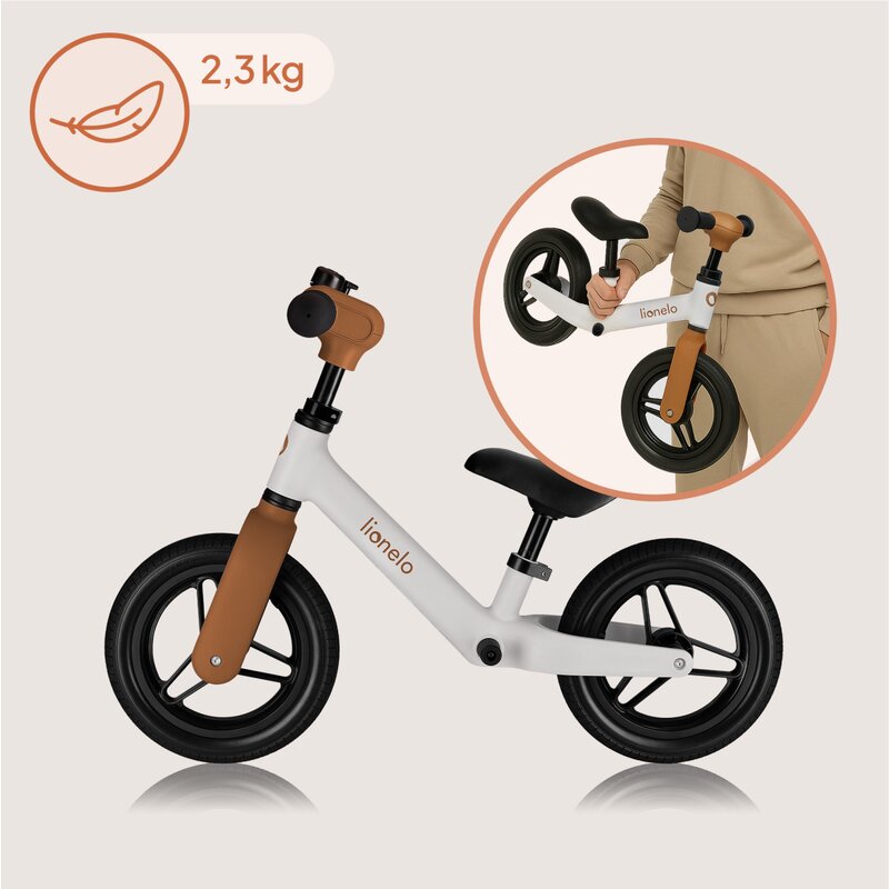 Bicicleta fara pedale, Lionelo, Toni, Cu ghidon si sa reglabile, Ultra usoara, 2.8 Kg, 18 luni+, Sustine 30 kg, Conform cu standardul EN71-1/2/3, Certificata TUV SUD, Bej - gogobaby.ro