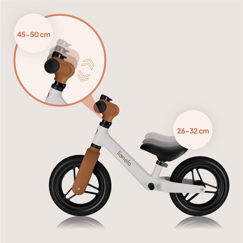 Bicicleta fara pedale, Lionelo, Toni, Cu ghidon si sa reglabile, Ultra usoara, 2.8 Kg, 18 luni+, Sustine 30 kg, Conform cu standardul EN71-1/2/3, Certificata TUV SUD, Bej - gogobaby.ro