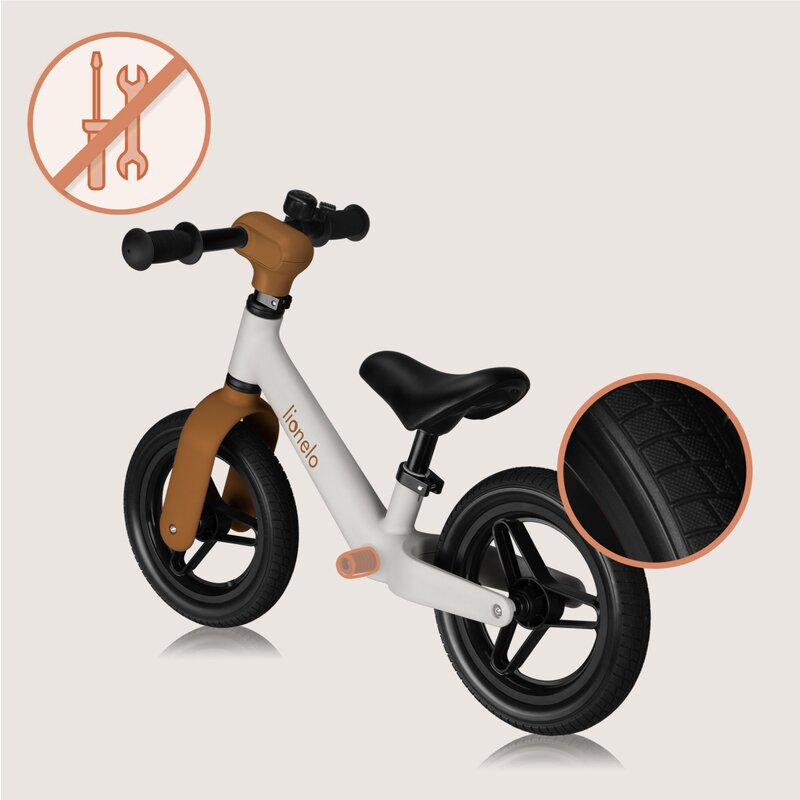 Bicicleta fara pedale, Lionelo, Toni, Cu ghidon si sa reglabile, Ultra usoara, 2.8 Kg, 18 luni+, Sustine 30 kg, Conform cu standardul EN71-1/2/3, Certificata TUV SUD, Bej - gogobaby.ro