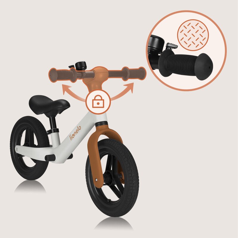 Bicicleta fara pedale, Lionelo, Toni, Cu ghidon si sa reglabile, Ultra usoara, 2.8 Kg, 18 luni+, Sustine 30 kg, Conform cu standardul EN71-1/2/3, Certificata TUV SUD, Bej - gogobaby.ro