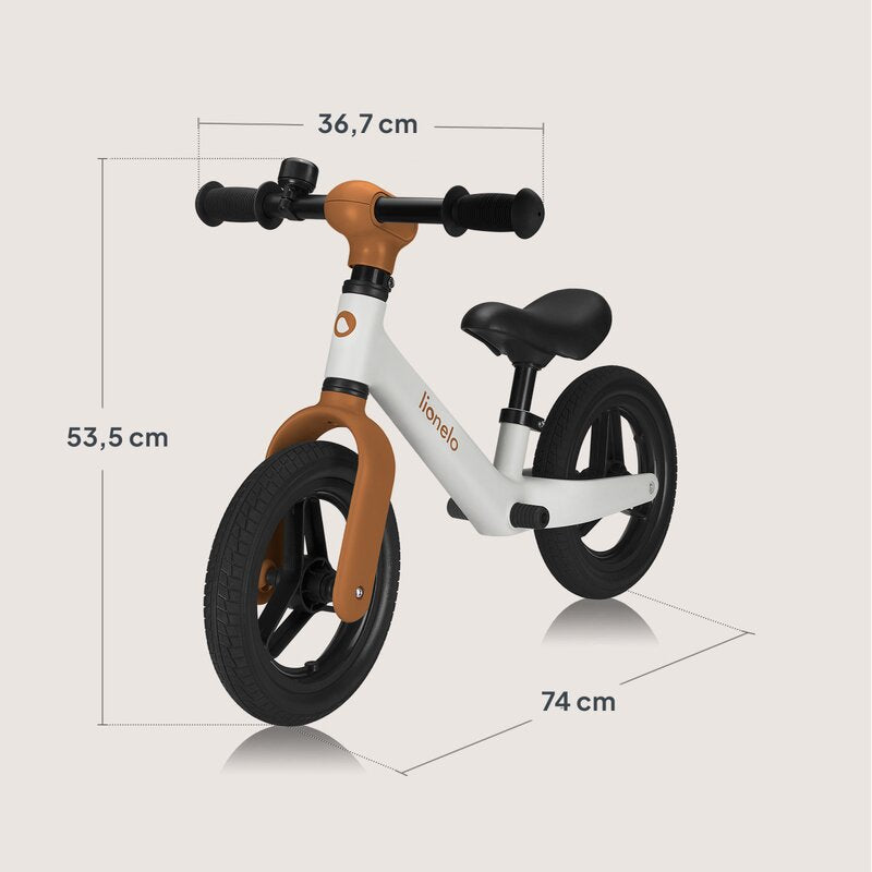 Bicicleta fara pedale, Lionelo, Toni, Cu ghidon si sa reglabile, Ultra usoara, 2.8 Kg, 18 luni+, Sustine 30 kg, Conform cu standardul EN71-1/2/3, Certificata TUV SUD, Bej - gogobaby.ro