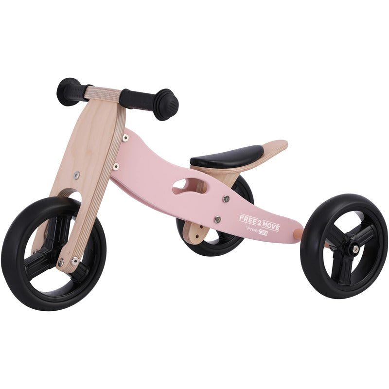Bicicleta/tricicleta fara pedale, Free2Move, Din lemn, 2 in 1, Functie de bicicleta echilibru, Scaun reglabil, Roti ajustabile, Manere antiderapante, Varsta 1-3 ani, Conform cu standardele europene EN71-1;2018, EN71-2:2020, EN71-3:2021, Dusty Pink - gogobaby.ro