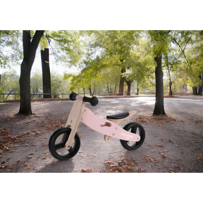 Bicicleta/tricicleta fara pedale, Free2Move, Din lemn, 2 in 1, Functie de bicicleta echilibru, Scaun reglabil, Roti ajustabile, Manere antiderapante, Varsta 1-3 ani, Conform cu standardele europene EN71-1;2018, EN71-2:2020, EN71-3:2021, Dusty Pink - gogobaby.ro
