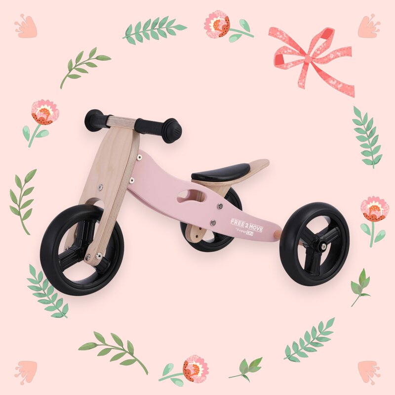 Bicicleta/tricicleta fara pedale, Free2Move, Din lemn, 2 in 1, Functie de bicicleta echilibru, Scaun reglabil, Roti ajustabile, Manere antiderapante, Varsta 1-3 ani, Conform cu standardele europene EN71-1;2018, EN71-2:2020, EN71-3:2021, Dusty Pink - gogobaby.ro