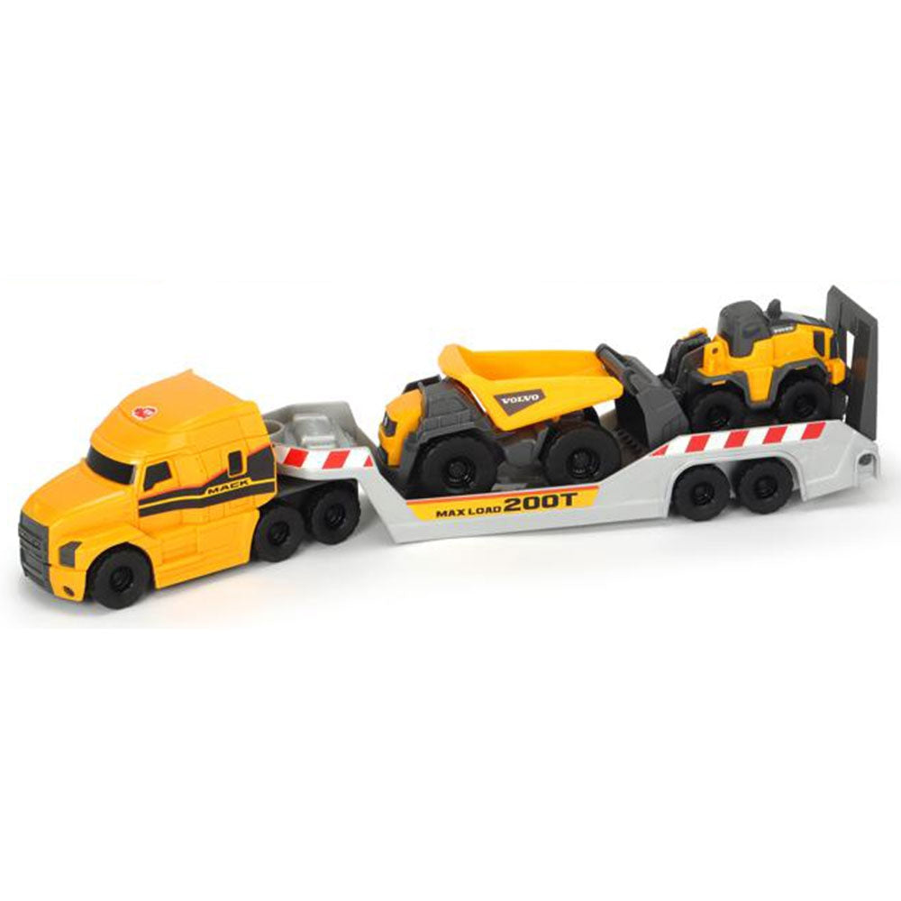 Camion Dickie Toys Mack Volvo Micro Builder cu remorca, buldozer si camion basculant - gogobaby.ro