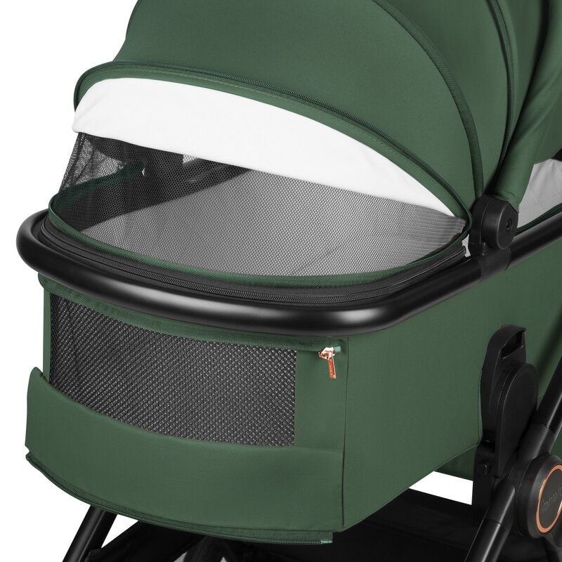 Carucior 2 in 1, Lionelo, Layla, Pana la 22 kg, Cadru aluminiu, Cu landou intarit si salteluta din spuma AirDots, Reversibil, Cu ventilatie 3D, Cu accesorii, EN1888-1, EN1888-2, EN1466, Verde - gogobaby.ro