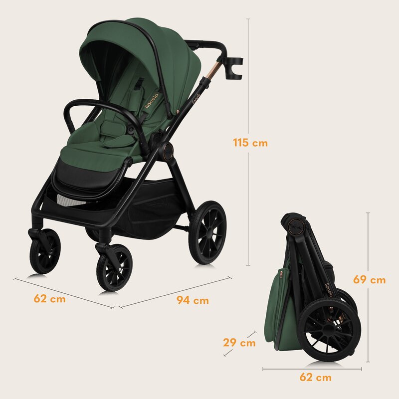 Carucior 2 in 1, Lionelo, Layla, Pana la 22 kg, Cadru aluminiu, Cu landou intarit si salteluta din spuma AirDots, Reversibil, Cu ventilatie 3D, Cu accesorii, EN1888-1, EN1888-2, EN1466, Verde - gogobaby.ro