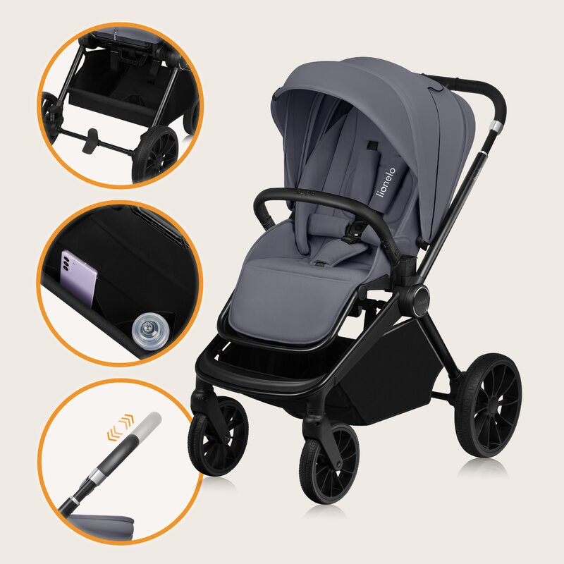 Carucior 2 in 1, Lionelo, Mika Plus, Cadru din aluminiu, Cu landou intarit si salteluta moale, Reversibil, Cu sistem de ventilatie 3D, Cu accesorii, Pana la 22 kg, Conform cu EN1888-1 EN1888-2, EN1466, Gri - gogobaby.ro